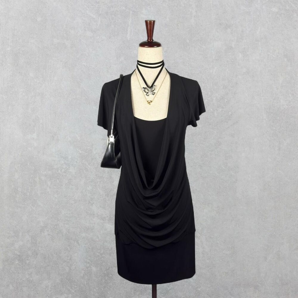 Y2K Tempted Black Short Sleeve Dramatic Cowl Neck Bodycon Dress
